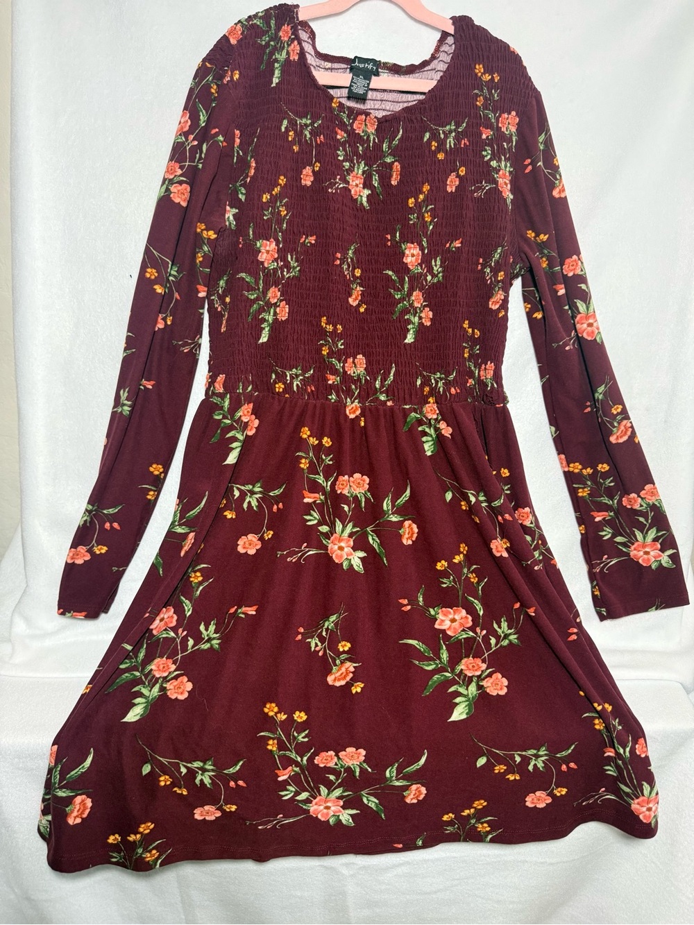 Justify Burgundy Floral Smocked Long Sleeve Dress